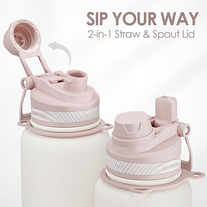 SANDJEST Stainless Steel Water Bottle with Strap 32oz, Insulated Bottles with Straw and Spout Lid for Gym Sports Travel Outdoor, Gifts for Women Girls Birthday Christmas (White)