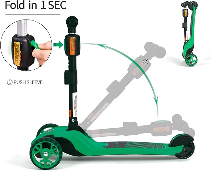 GLAMUP Kids Kick Scooter 3 Wheels, Kids Scooter Height Adjustable Handlebar, Lean-to-Steer System & Easy-Folding Mechanism, Ages 3-14 Boys and Girls