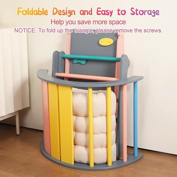 Pikler Triangle Set with Cushion, 7 in 1 Toddler Climbing Toys Indoor, Montessori Foldable Climbing Set, Wooden Climbing Toys for Toddlers Inside with Ramp, Arch and Ladder (Rainbow with Blue)