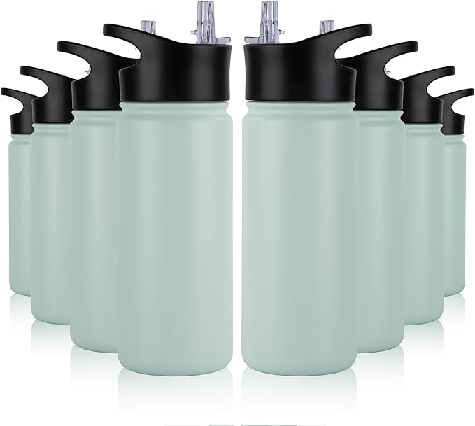 16 oz Insulated Water Bottle Bulk 8 Pack, Straw & Spout Lid, Keep Cold 24H, Spill Proof, BPA-Free, Double Wall, Stainless Steel Kids Water Bottles for School, Sports, Turquoise Blue