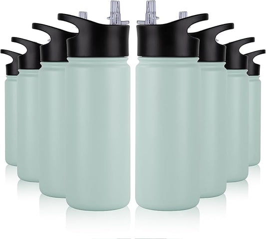 16 oz Insulated Water Bottle Bulk 8 Pack, Straw & Spout Lid, Keep Cold 24H, Spill Proof, BPA-Free, Double Wall, Stainless Steel Kids Water Bottles for School, Sports, Turquoise Blue