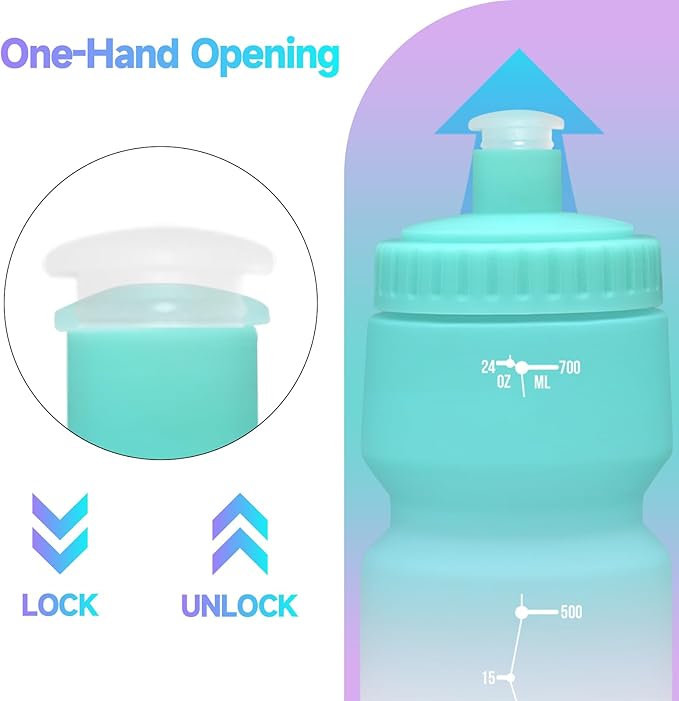 24oz Bike Water Bottle, Sport Squeeze Water Bottle Leakproof BPA Free with Capacity Scale w/Pull Top Lid, Reusable, for Bicycle, Gym, Hiking 2 Pack