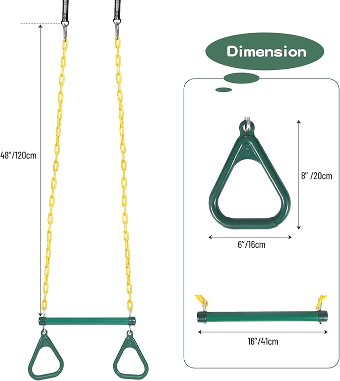 RedSwing Trapeze Swing Bar Rings and Swing Seat for Kids,Heavy Duty Safe Playground Swings Set Replacement for Children's Indoor and Outdoor Play, 330 Pounds Capacity, Green