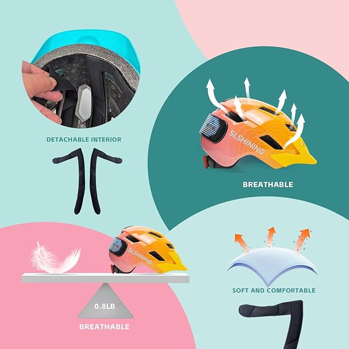 Kids Bike Helmet for Boys Girls: Helmets for Children and Adolescents 5-14 Years Old，64-Pattern LED Light Adjustable Kid Helmet Multi-Sport Protection