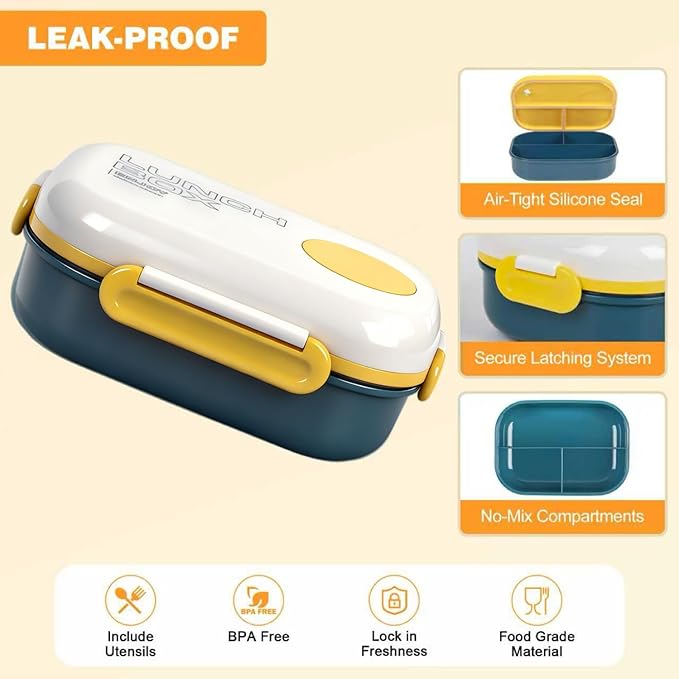 Lunch Bento Box Set - 3 Compartment Containers for Kids and Adults,lunch box for women with Thermo Lunch Bag, Leak-Proof and BPA-Free - Built-in Utensil Set,Sauce - Dishwasher Safe-Blue