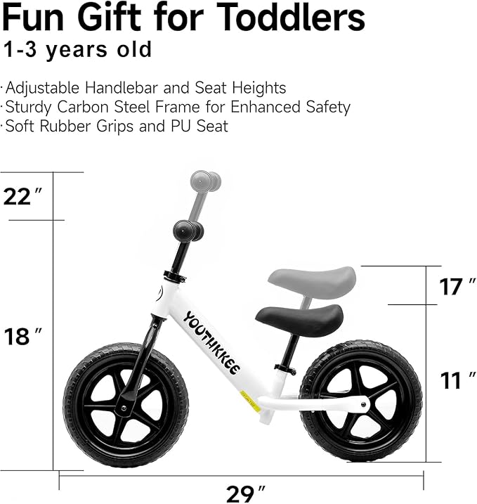 12 Inch Toddler Balance Bike for 1-3 Year Olds, No-Pedal Bike with Tool-Free Adjustable Seat, Quick Assembly, Gift for 1-3 Year Old Boys & Girls with Customizable Plate