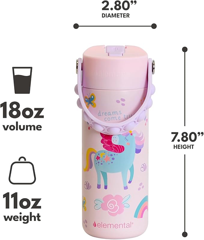 Elemental Insulated Kids Water Bottle, Stainless Steel Water Bottle with Straw Lid & Pop-It Handle, Leak-Proof Water Bottles for School, Boys or Girls, Travelling and Sports, 18oz - Unicorn Rainbow