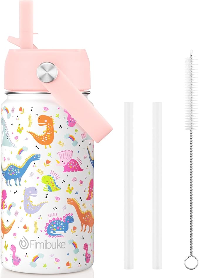 Fimibuke Kids Insulated Water Bottle, 14oz BPA FREE 18/8 Stainless Steel Travel Tumbler Double Wall Vacuum Leak Proof Kids Cup with Straw Metal Bottle for School Boys Girls(1 Pack, WHITE DINOSAUR)