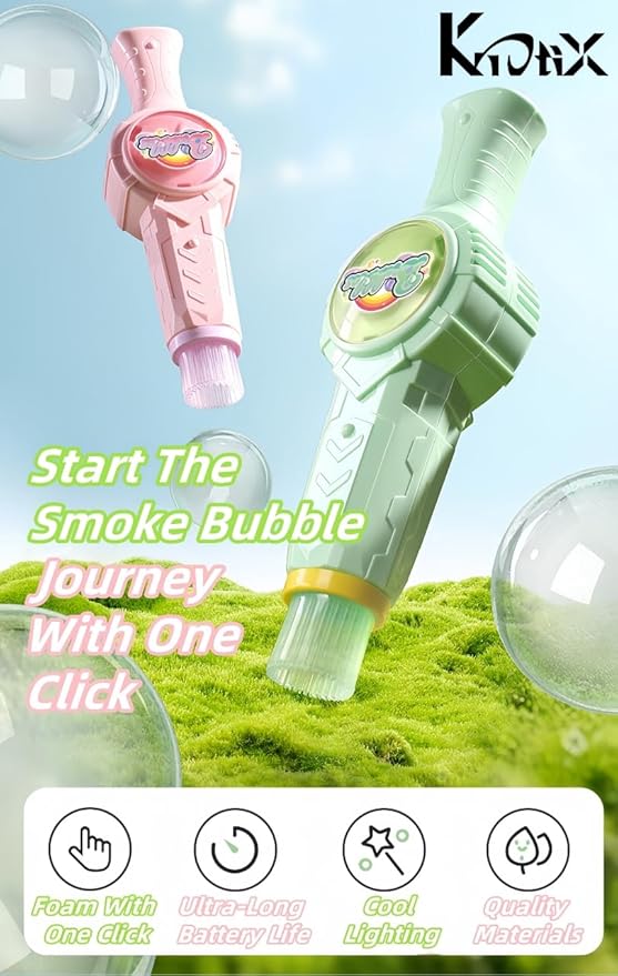 Elastic Smoke Bubble Machine for Kids - Rechargeable Magic Bubble Wand with Lights & Sound, Includes Gloves & Spill-Proof Cup, Safe Bubble Solution, Green & Pink (Green)