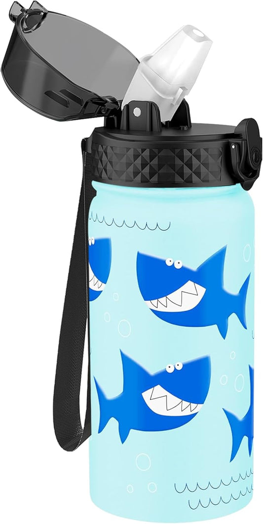 GOPPUS Kids Water Bottle (Straw Lid) - 14 Oz Stainless Steel Travel Bottle, Double Wall Vacuum Leak Proof Kids Cup for School Boys Girls,Iron Shark