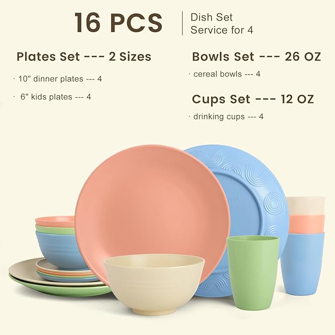 Homienly Premium Dinnerwave Sets, Lightweight & Unbreakable Wheat Straw Dish Set - Plates and Bowls Set with Cups, 16 PCS Microwave and Dishwasher Safe Dinnerware Set - Multi Light