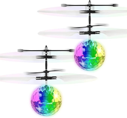 2 Pcs Flying Toy Ball Infrared Induction RC Flying Toy Built-in LED Light Disco Helicopter Shining Colorful Flying Drone Indoor and Outdoor Games Toys for 6 7 8 9 10 Year Old Boys and Girls