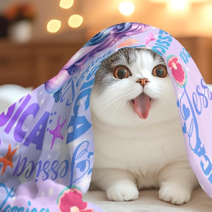 Custom Girl Blanket with Name Personalized Cute Mermaid Blanket for Newborn Customized Soft Flannel Throw Blanket Memorial Gift for Toddler on Birthday Baby Shower Christmas