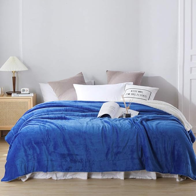 NANPIPER Bed Blanket Reversible Sherpa Flannel Blanket Super Soft Fuzzy Plush Fleece Microfiber (90"x90" Princess Blue) Queen