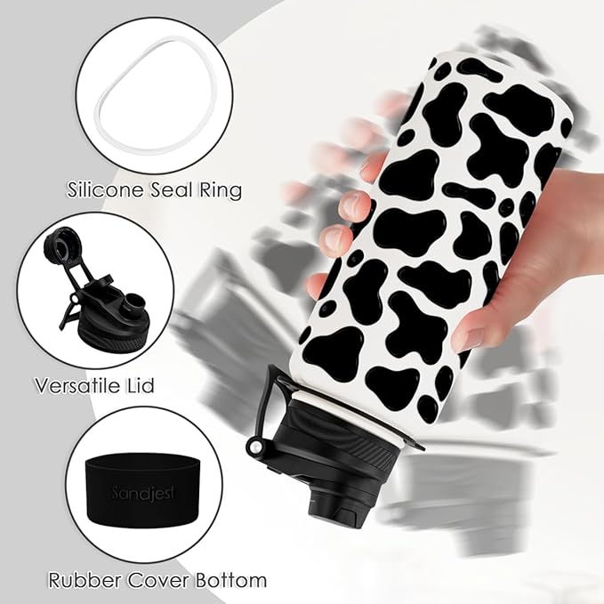 SANDJEST Cow Skin Stainless Steel Water Bottle with Strap 32oz, Insulated Bottles with Straw and Spout Lid for Gym Sports Travel Outdoor, Gifts for Women Girls Birthday Christmas