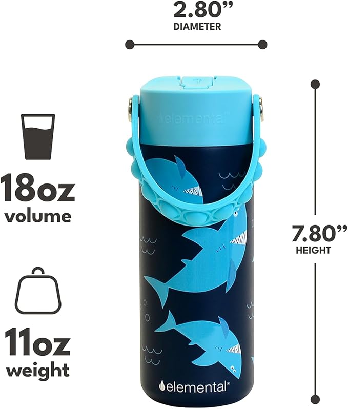 Elemental Insulated Kids Water Bottle, Stainless Steel Water Bottle with Straw Lid & Pop-It Handle, Leak-Proof Water Bottles for School, Boys or Girls, Travelling and Sports, 18oz - Sharks Ahoy