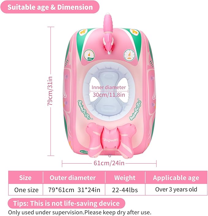 Swimbobo Toddler Pool Float Inflatable Car Baby Swim Float with Adjustable Sun Canopy and Safety Seat Pool Toys for Kids 3+ Years Old