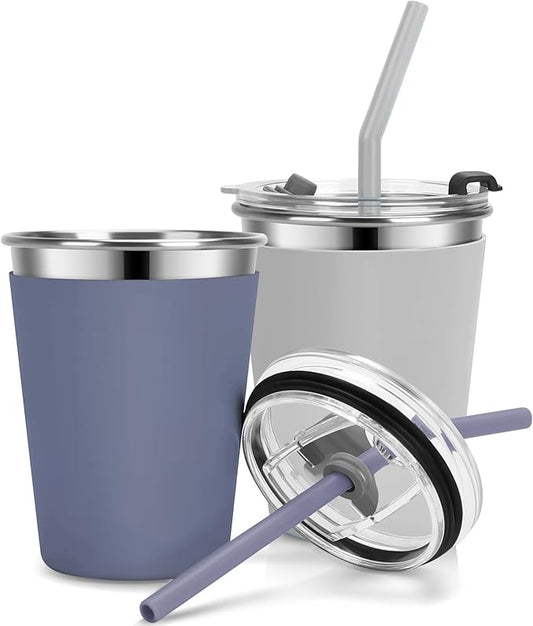 Kids Cups with Straws and Lids Leak Proof, 12oz Sippy Cups for Toddlers 1-3, 2 Pack Spill Proof Cup Stainless Steel Kids Cups with Lids for School, Outdoor (Dark Gray & Gray)
