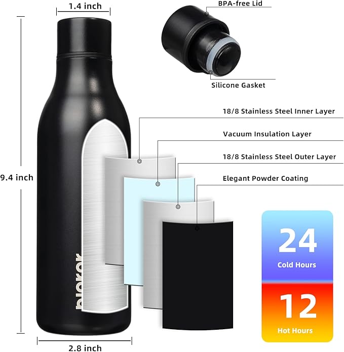 BJPKPK Insulated Water Bottles, 18 oz Stainless Steel Metal Water Bottle with Strap, BPA Free Leak Proof Thermo, Mugs, Flasks, Reusable Water Bottle for Sports & Travel, Black