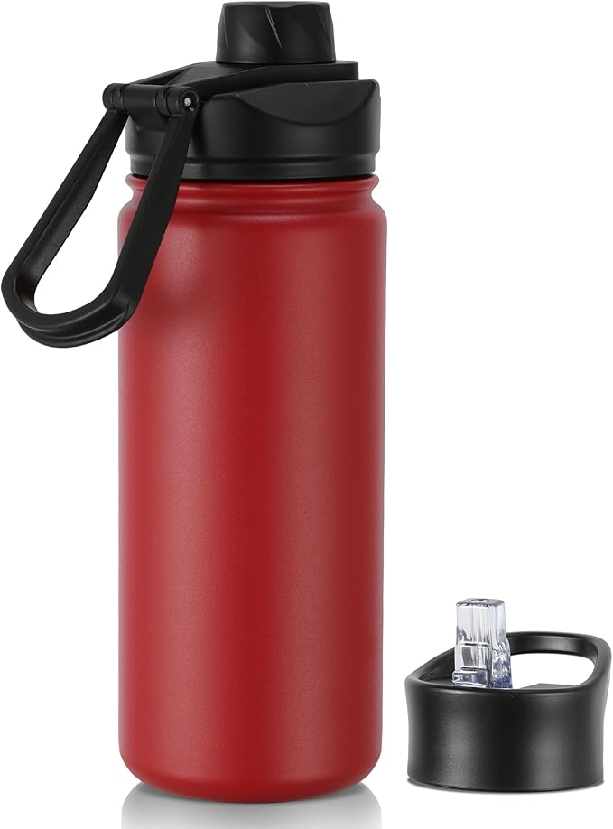 16 oz Insulated Water Bottle with Straw Lids, Stainless Steel Kids Water Bottles for School, Double Wall Vacuum Metal Water Bottle with Straw & Wide Mouth Lid, Red 1 Pack