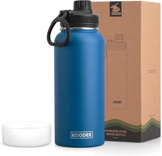 koodee Insulated Water Bottle, 32 oz Stainless Steel Double Wall Vacuum Wide Mouth Sport Bottle with Leakproof Spout Lid (Navy)