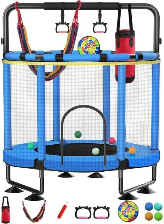 Trampoline for Kids, Upgrade Full Anti-Rust 440lbs Indoor Outdoor Toddler Trampoline with Net, 55" Adjustable Baby Toddler Trampolines Accessories with 8 Toys Dart Board