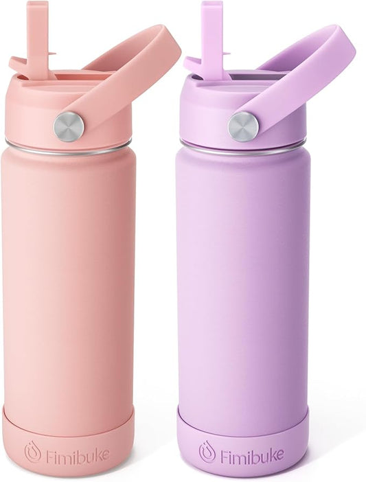 Fimibuke Kids Insulated Water Bottle, 18oz BPA FREE Kids Cups with Straw Double Wall Vacuum Tumbler 18/8 Stainless Steel Leak Proof Toddler Water Bottle for School Boys Girls (2 Pack, Milky Pastel)