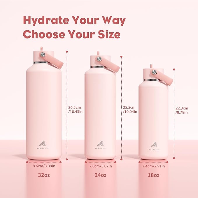 POWCAN 24 oz Water Bottle Insulated: Leakproof, Keep Cold 24H, Car Cupholder Friendly, Top Handle, Lightweight, Metal Water Bottle with Straw for Outdoors, Trip, Fitness, Gift, Running (Cotton Candy)