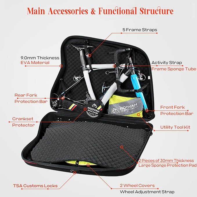 NOOYAH Bike Travel Case Bike Bag – Lightweight Hardshell Bicycle Transport Bag for Road, Triathlon, and Mountain Bikes, Disassemble the handlebar Storage, Air Travel Protection & Accessories, Type C