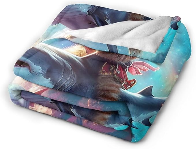 Funny Cat Blanket Fleece Soft Warm Plush Cat Shark Space Galaxy Throw Blanket Lightweight Plush Fuzzy Cozy Kitten Blankets for Boys Girls Kids Adult Suitable for Couch Sofa Bed 50"X40"