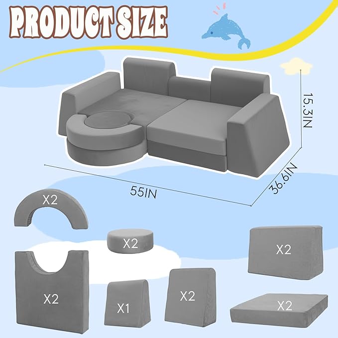 13Pcs Modular Kids Play Couch Toddler Couch Kids Sofa Playroom Furniture Convertible Foam and Floor Cushion Highly Elastic Foam for Boys and Girls (Light Gray)