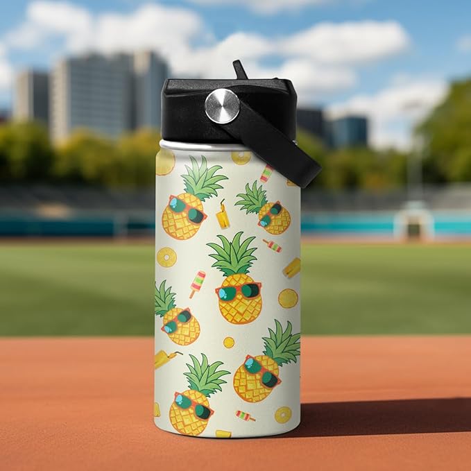 Kids Water Bottle Pineapple Water Bottles 12oz with Straw Insulated Stainless Steel Travel School Tumbler Double Wall Vacuum Cup for Girls Kid Boys