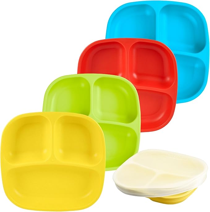 Re-Play Toddler Plates with Dividers - Deep-Walled 3 Compartments Divided Plates for Kids - Dishwasher & Microwave Safe - Made in USA - Set of 4-7.37" x 7.37" x 1.25" - Preschool