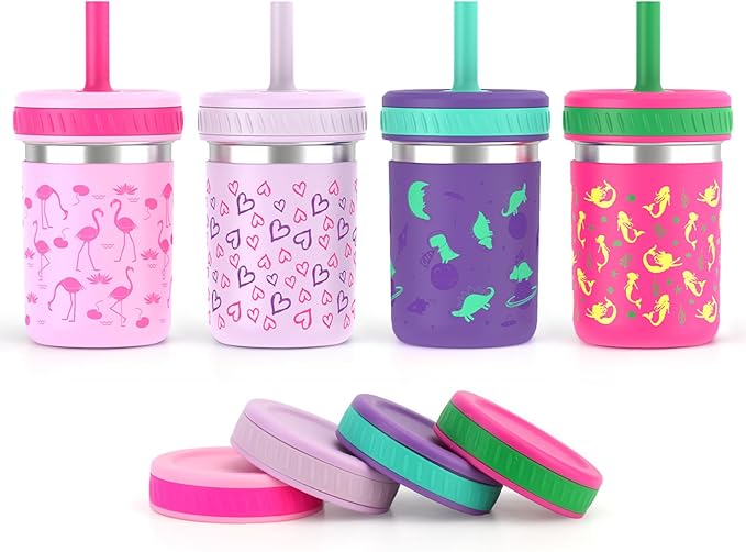 Sursip Stainless Steel Kids & Toddler Cups with Straws and Lids|15 oz Mason jars for Snacks & Smoothie|Spill-Proof Sippy Drinking Water Cups, BPA-Free, Dishwasher Safe