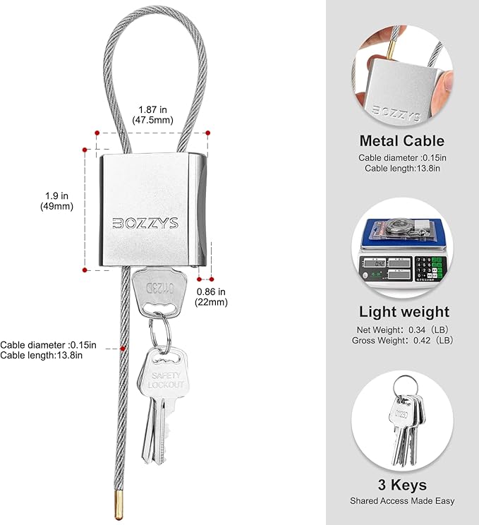 Adjustable Cable Padlock with 3 Keys | L 1.15ft x D 1/6in Aluminum Steel Cable Locks for Bikes, Gate, Lockers & Outdoor Gear | Keyed Different & Silver