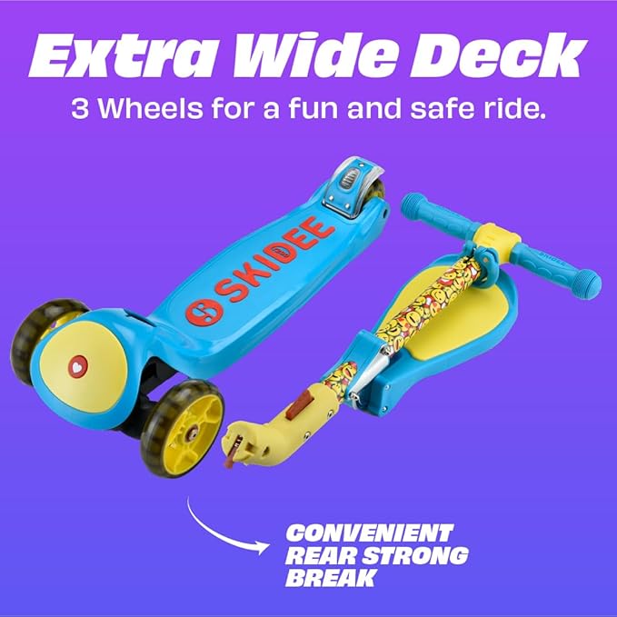 SKIDEE Kick Scooters for Kids Ages 3-5, Adjustable Height Foldable Scooter with Removable Seat, 3 LED Light Wheels, Rear Brake, Wide Standing Board, Suitable Up to 12 Year Old Boys/Girls