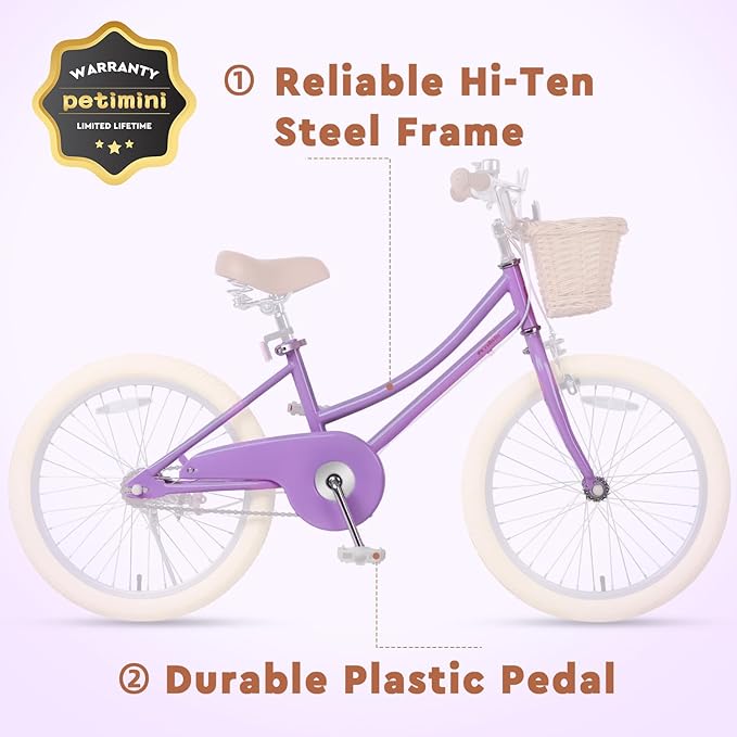 Petimini Girls Bike with Basket for 2-12 Years Old Kids, 12 14 16 18 20 Inch Bicycle with Bell Training Wheels Basket, Multiple Colors