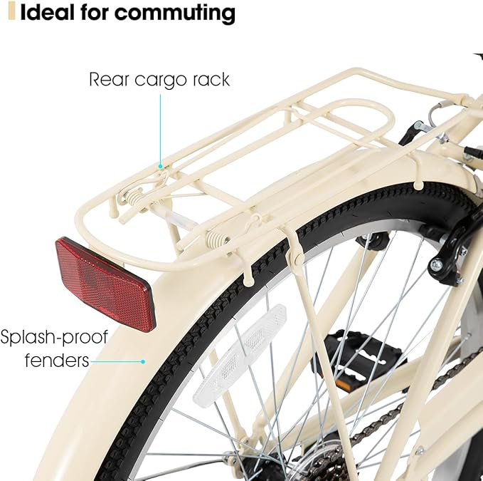 HILAND 26 inch Beach Cruiser Bike for Men and Women, 7 Speed Step-Through Frame Adult Bicycle with Rear Rack, Retrospec Bike Commuter City Bicycle