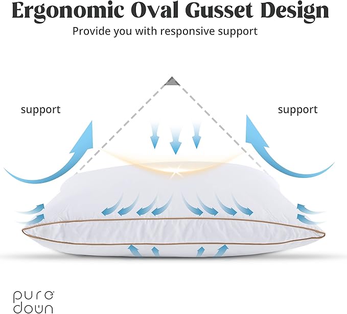 puredown® Natural Goose Down Feather Pillows for Sleeping Oval Gusseted Feather Down Pillow 100% Cotton Pillow Cover with Leaf Quilting Standard Set of 2