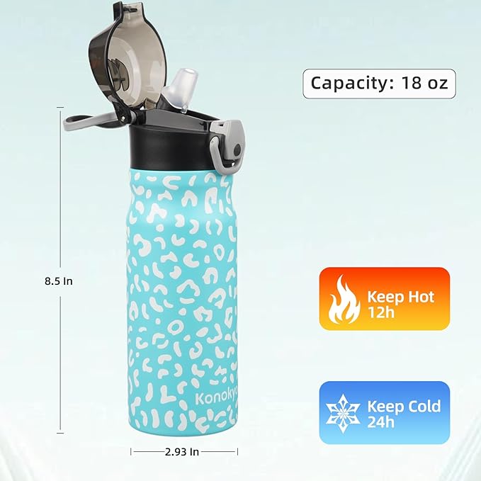 Insulated Water Bottle with Straw and Carry Loop,18 oz Stainless Steel Double Wall Vaccum Metal Water Flask with Leak-proof Lid,Blue Leopard