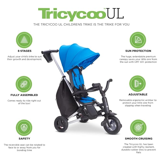 Joovy Tricycoo UL Kids Tricycle with 8 Stages Featuring 3 Rubber Tires, Removable and Adjustable Parent Handle, Safety Harness, 3-Position Recline Seat, and Retractable Canopy, Blueness