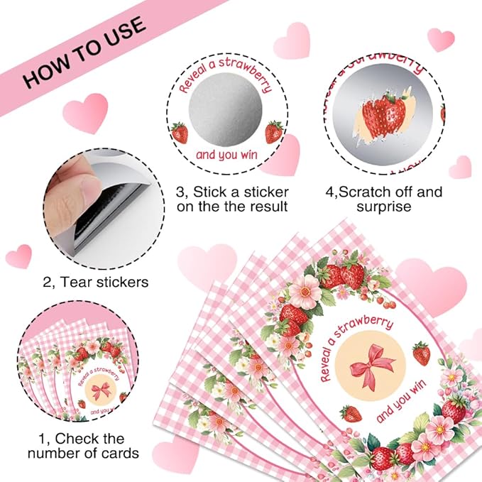 50 Pcs Strawberry Themed Scratch Off Game Cards, Pink Scratch Cards for Birthday, Baby Shower, Party Supplies, Lottery Prize Raffle Ticket, Berry Theme Party