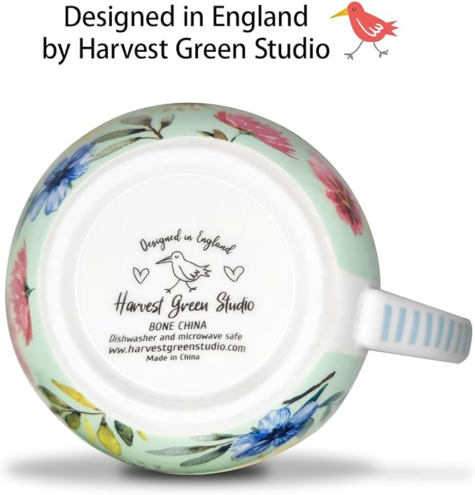 20 oz Bees & Flowers Coffee Hug Mug ,“Be Happy” Designed to Spread Joy, Premium Bone China, Perfect Holiday, Birthday, and Christmas Gift for Women, Designed in England by Harvest Green Studio