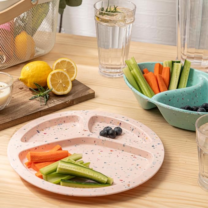 bzyoo 11-Inch Divided Plates Set of 2 - Confetti Pink BPA-Free, 100% Melamine Portion Control Plates with Dividers Unbreakable, Dishwasher Safe for Kids, Camping, BBQ Parties Fun