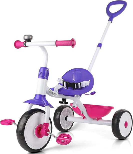 Liberry 2 in 1 Toddler Tricycle Age 2 3 4 Years Old, Kids Trike with Adjustable Push Rod, Bell & Basket, 3 Wheel Bike Riding Toy Birthday Gift for Girls Boys, Rose Purple