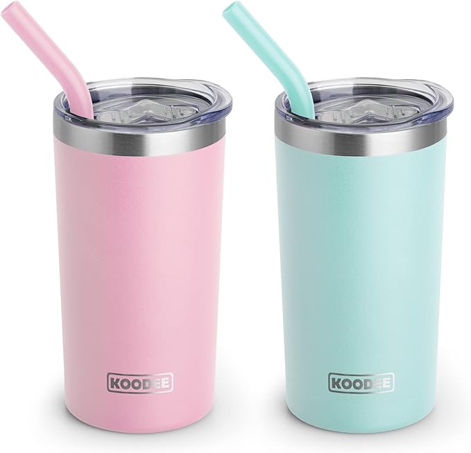koodee Tumbler with Lids and Straws-12 oz Skinny Tumbler Stainless Steel Double Wall Vacuum Insulated Water Cup Spill Proof, BPA Free (Pink-Blue)