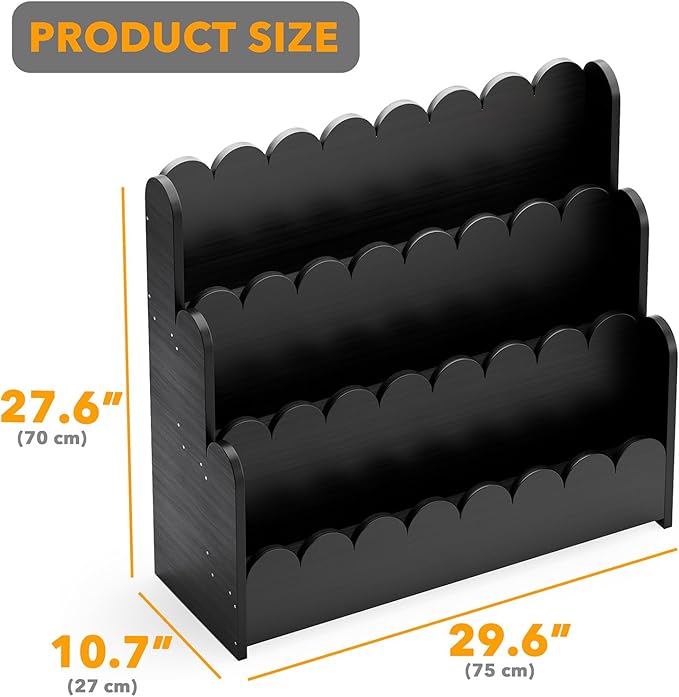 SpaceAid 3-Tier Scalloped Bookshelf, Montessori Bookcase for Toddlers, Wooden Book Shelf Organizer Display Furniture for Kids Rooms, Playroom, Nursery and Classroom, Black