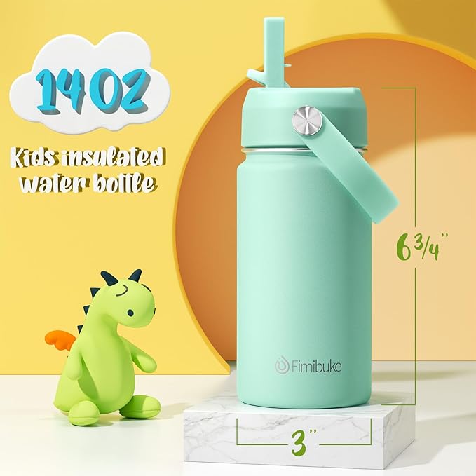 Fimibuke Kids Insulated Water Bottle - 14oz BPA-FREE 18/8 Stainless Steel Travel Tumbler Leak Proof Double Wall Vacuum Kids Cup with Straw Metal Water Bottle for School Boys Girls (1 Pack, Candy)