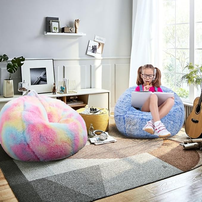 Fluffy Bean Bag Chair for Kids, 2.5FT Round Memory Foam Filled Bean Bag for Teens & Kids, Ultra Soft Faux Fur Fabric Bean Bag Chairs for Playroom, Living Room, Bedroom, Blue