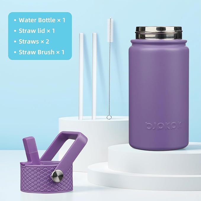 BJPKPK Insulated Water Bottle with Straw Lid, 15oz Cute Water Bottles, Stainless Steel Metal Thermo, Reusable BPA Free Leak Proof Tumblers, Cups,Iris